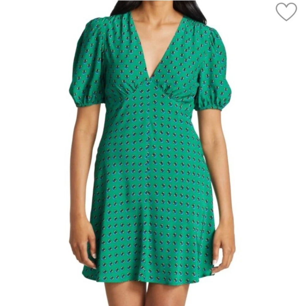 STAUD Milla Mini Dress 6‎ Green Floral Puff Sleeve V-Neck Boho Summer Chic Retro